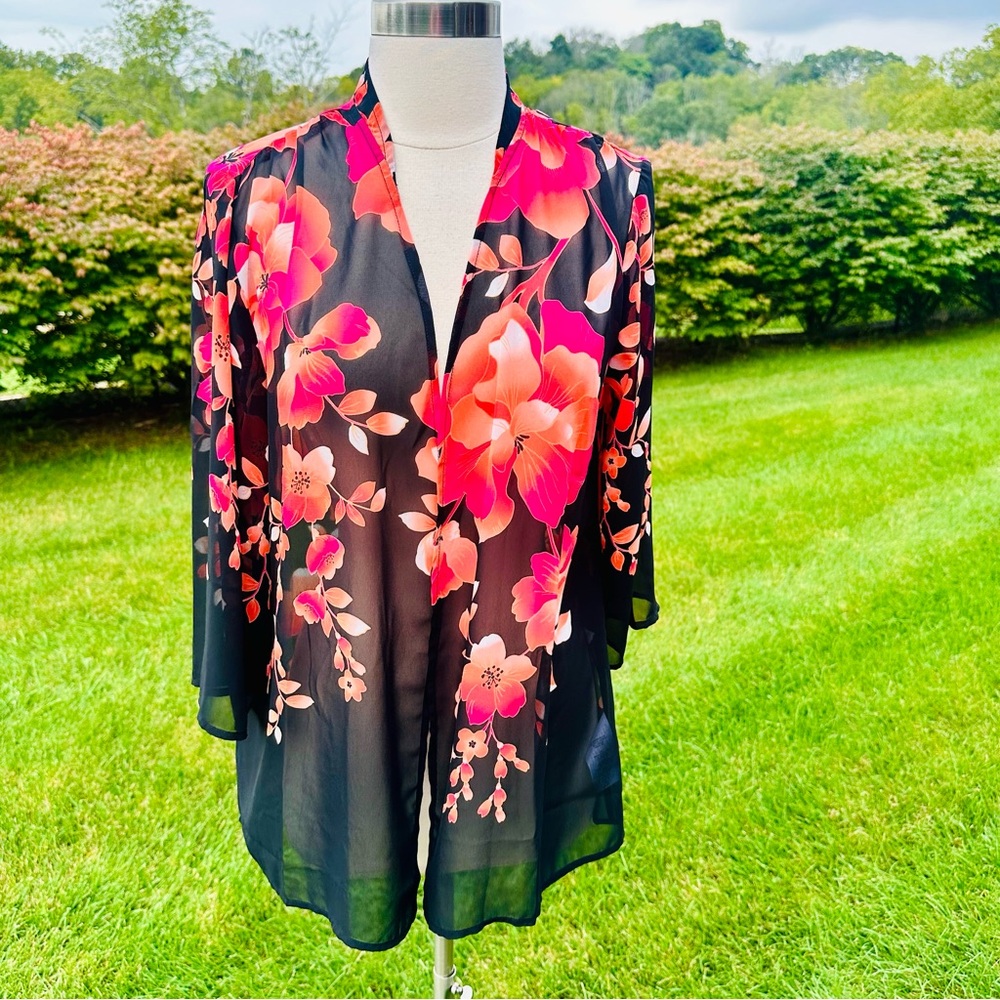 Susan Graver Kimono Black Chiffon Open Front Floral Print